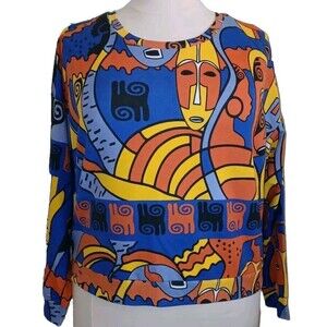 NWT ASHLEY STEWART CURVY Womens 3X Tribal Face Long Sleeve Cropped Colorful Top